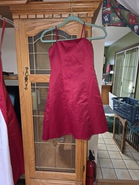 David's Bridal Red Satin Fit-and-Flare Spaghetti Strap Prom Dress